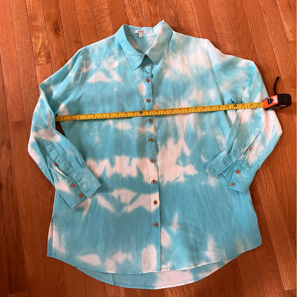 Tyler Boe Turquoise Blue Tie-Dye Button-Down Linen Shirt L - Picture 2 of 10